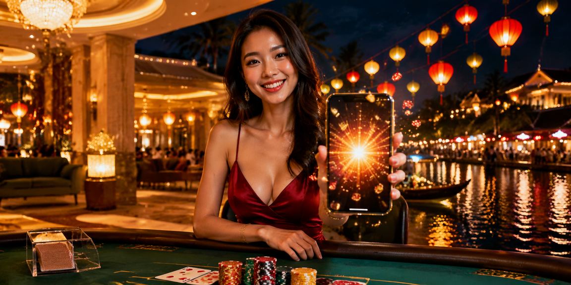 Không khí baccarat buổi đêm tại Hội An với ánh đèn lồng rực rỡ và người chơi tập trung
