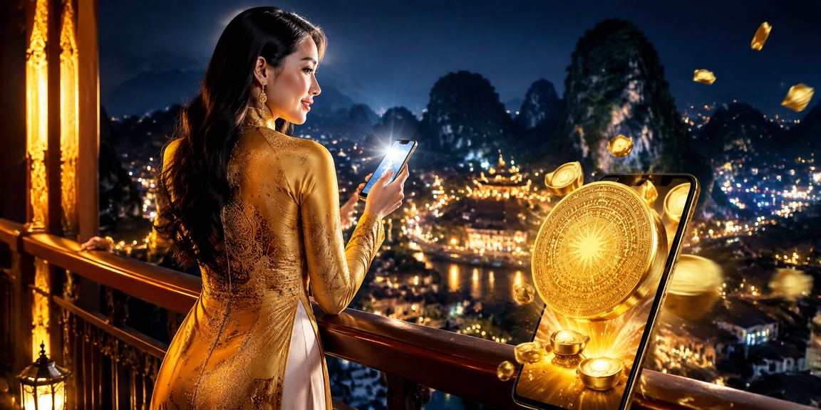 Cô gái mặc áo dài tại Ninh Bình sử dụng điện thoại truy cập casino di động và xem khuyến mãi